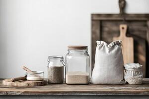 Selection of Various Grains and Seeds Displayed on Rustic Kitchen Counter. photo