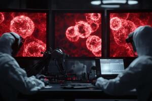 Scientists in Protective Suits Analyzing Viruses in a High-Tech Laboratory Setting. photo