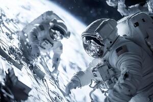 Astronauts Conducting Spacewalk While Exploring the Surface of a Distant Planet. photo