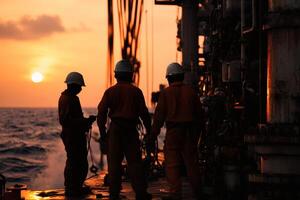 Workers Prepare for Evening Operations on an Offshore Platform During Sunset. photo