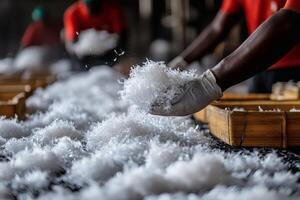 Workers Sorting and Processing Synthetic Fibers in a Textile Factory. photo