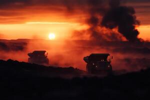 Heavy Machinery Operates at Sunset in Remote Mining Area With Dust Clouds. photo