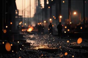 Sparks Fly as Workers Craft Metal in a Bustling Industrial Setting at Dusk. photo