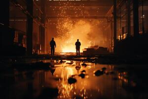 Workers Observe Molten Metal Pouring in an Industrial Setting at Dusk. photo