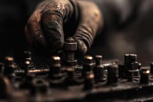 Hand Working on Mechanical Equipment in a Dimly Lit Workshop. photo