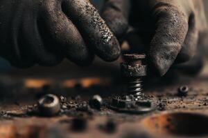 Skilled Hands Repair a Mechanical Component in a Workshop Environment. photo