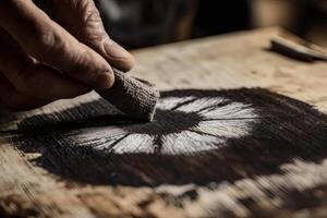 Creating Intricate Art With Charcoal on Textured Wood Surface in a Studio. photo