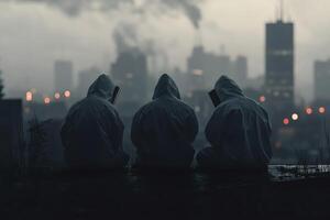 Individuals in Raincoats Reading Books Against a Moody Urban Backdrop. photo