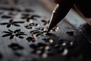 Intricate Wood Carving Process Showcasing Detailed Floral Patterns at a Workshop. photo