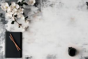 Elegant Workspace With Flowers, Notebook, and Pen Ready for Writing. photo