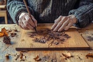 Craftsman Skillfully Carving Intricate Leaf Patterns on Wood in a Workshop. photo