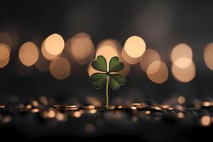 Four Leaf Clover Standing Tall on Gold Coins With a Soft Glowing Background. photo