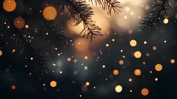 Magical Bokeh Lights and Pine Branches Create a Festive Atmosphere for Winter. photo