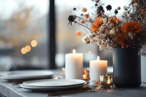 Elegant Table Setting With Candles and Flowers in a Cozy Restaurant Atmosphere. photo