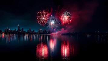 Stunning Fireworks Display Lights up City Skyline Over Calm Waters. photo