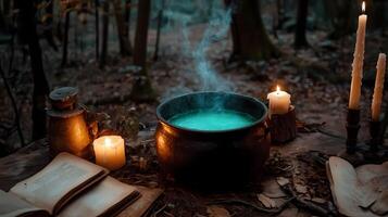 Mysterious Cauldron Bubbling in a Dark Forest During Twilight Hours. photo