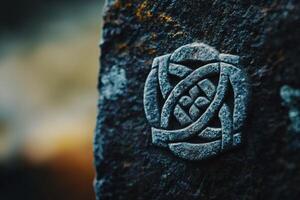 Intricate stone carving in a serene setting photo