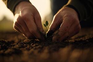 Hands nurturing a small plant in warm light photo