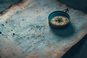 Compass resting on an ancient map in twilight photo