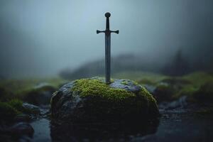 Ancient sword rests in tranquil misty setting photo