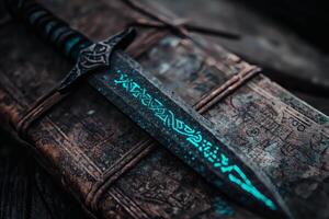 Intricate dagger resting on ancient tome photo