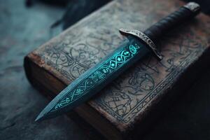 Intricate dagger resting on an ancient book photo