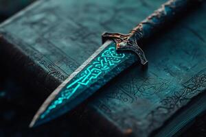 Intricate dagger rests on ancient tome photo