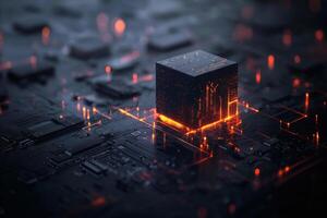 digital particles swirl around a cube photo