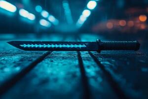 Mystical sword gleams in a shadowy corridor photo