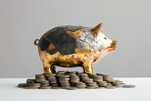 Piggy bank standing proudly on a coin mountain photo