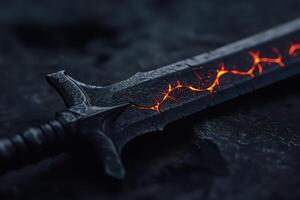 Sword glows with fiery energy in dark setting photo