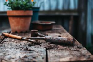 Rusty tools resting on a wooden garden table photo