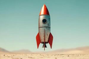 Rocket poised for launch in a vast desert photo