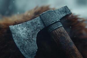 Weathered axe resting on a fur surface photo