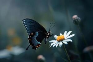 Butterfly dances on a daisy in twilight glow photo