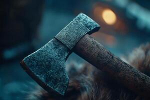 Ancient axe on fur in a serene setting photo