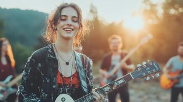 Joyful music under the sunset sky with friends photo