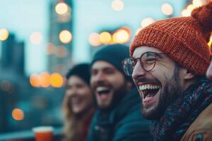 Joyful friends enjoying an evening together photo