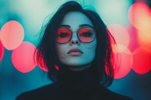 Bold style under neon lights at dusk photo