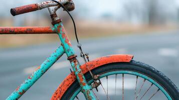 Vintage bicycle resting by an open road photo
