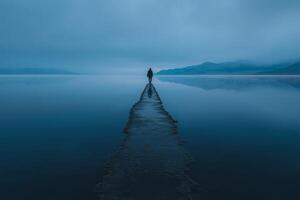Solitary wanderer on a tranquil lake at dusk photo