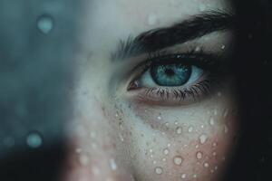 Intrigued gaze behind a rain-soaked window photo