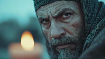Intense gaze of a medieval warrior at dusk photo