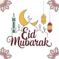 eid mubarak greetings with mosque and lanterns vector