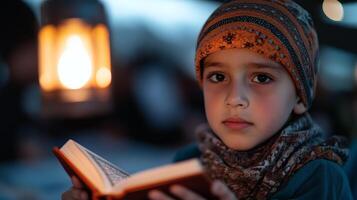 Captivated child reading under lantern glow photo