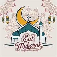 eid mubarak greeting card with mosque and lanterns vector