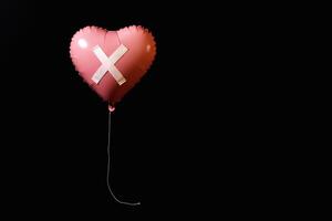 Heart-shaped balloon with an X symbol floating against a black backdrop evokes feelings of loss and longing in an artistic composition photo