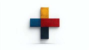 Colorful cross art with bold geometric shapes representing unity and diversity in a minimalist setting photo