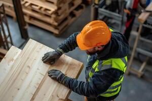 Skilled carpenter at work preparing wood in a busy workshop during daylight hours photo