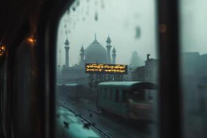 Cloudy railway journey offers a glimpse of majestic architecture through misty train window in the early morning photo